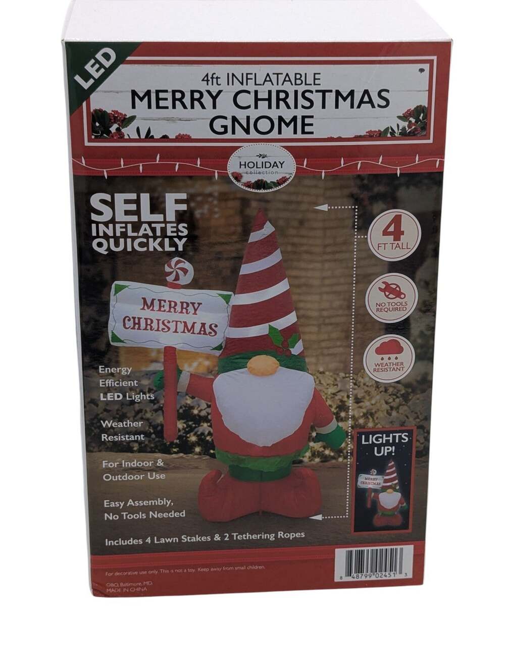 4-Foot Inflatable Merry Christmas Gnome LED Light Up Outdoor/Indoor Decoration